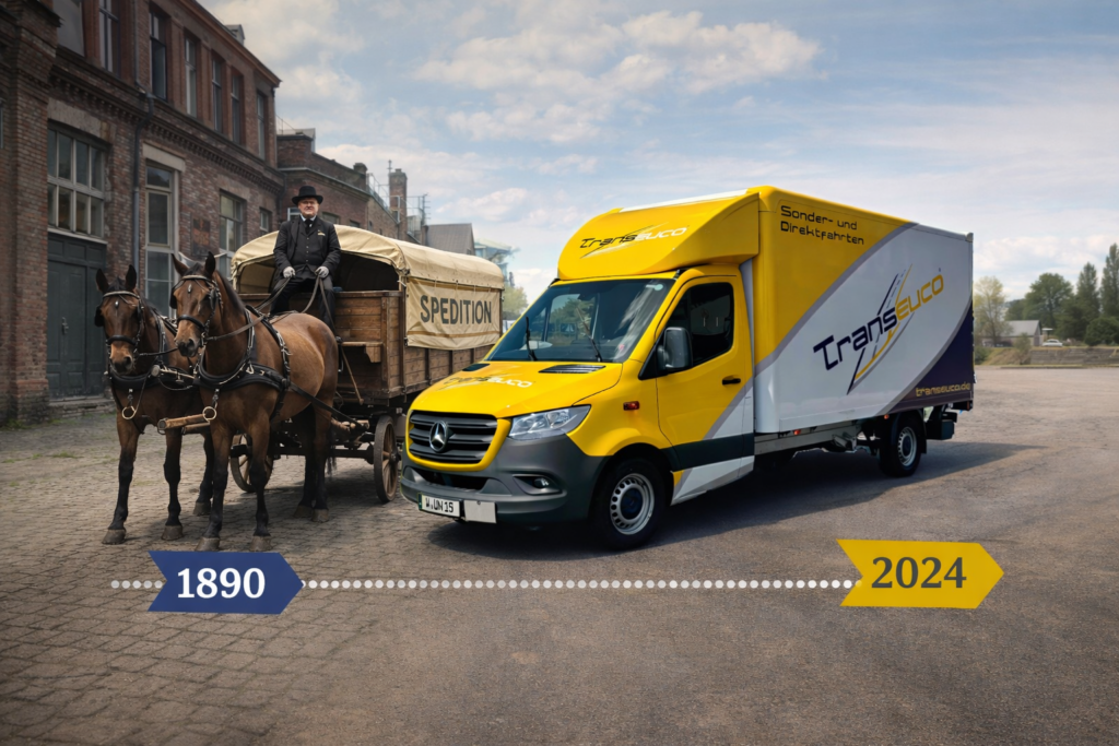Historische Darstellung eines Spediteurs mit Pferdewagen, daneben moderner Transporter – Zeitleiste der Entwicklung]